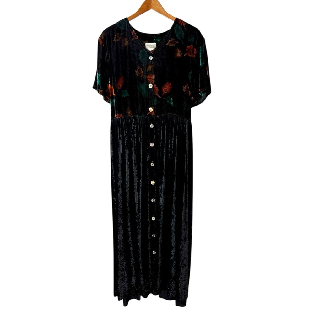 Vtg Coldwater Creek Velvet Button Down Maxi Dress Black Sz XL Made In USA Whimsy